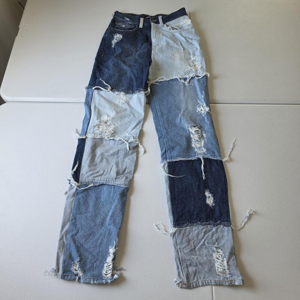 Retrofete Jeans Womens 26 Blue Patchwork High Rise Straight Distressed Italy